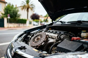 Capot ouvert d'une voiture montrant un embrayage usé combien de temps peut-on rouler ainsi