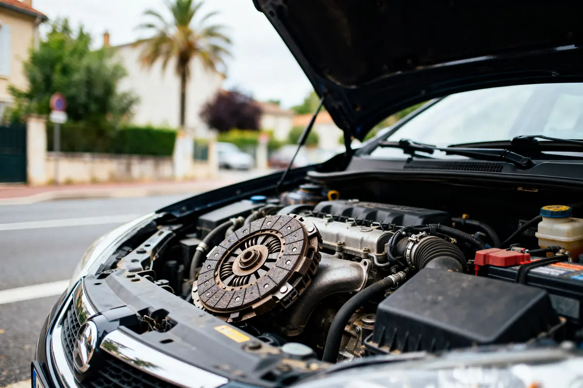 Capot ouvert d'une voiture montrant un embrayage usé combien de temps peut-on rouler ainsi