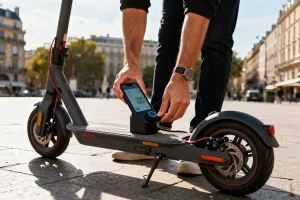 Homme ajustant le tableau de bord pour montrer comment débrider une trottinette électrique en toute sécurité
