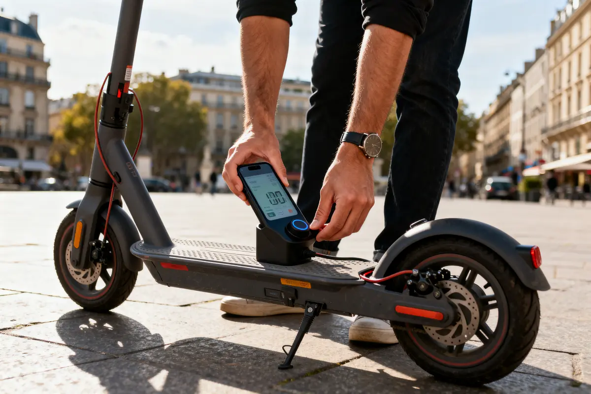 Homme ajustant le tableau de bord pour montrer comment débrider une trottinette électrique en toute sécurité
