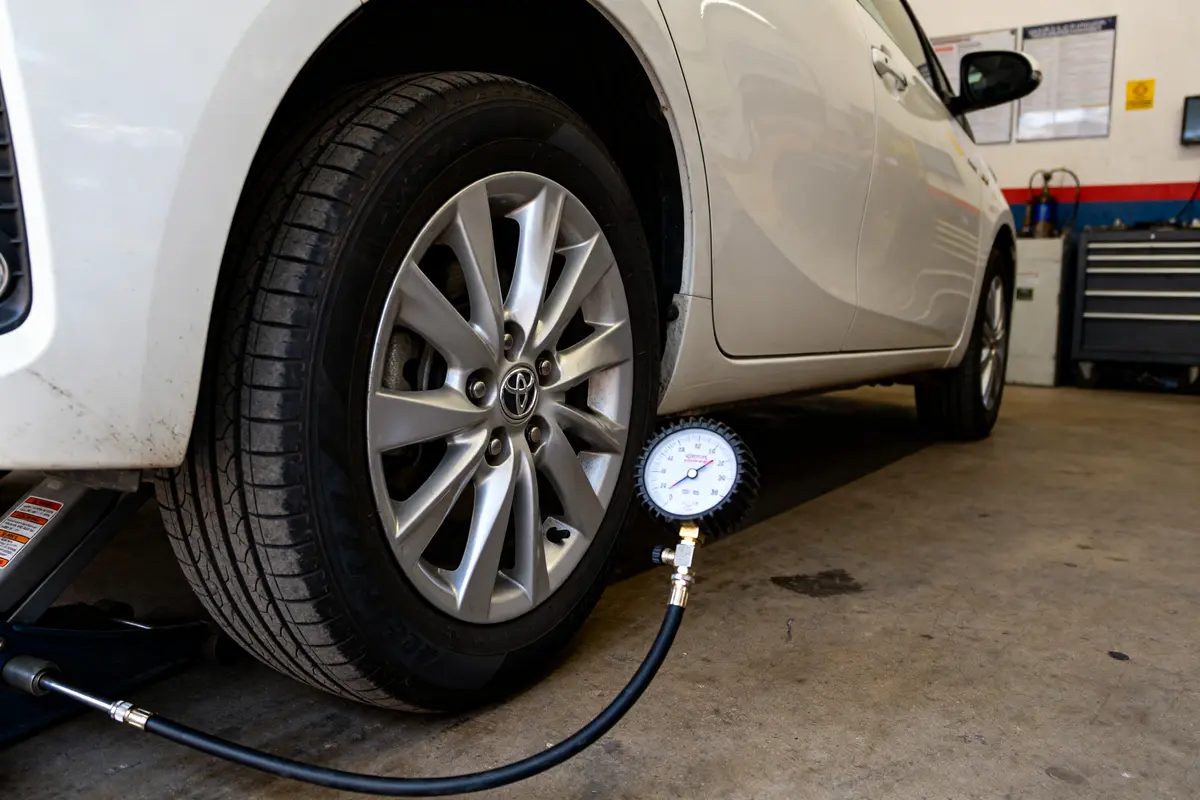 Toyota Yaris blanche avec manomètre vérifiant pression des pneus dans un garage