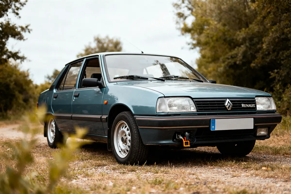 Voiture ancienne bleue Renault 1525f3 garée sur un chemin de campagne herbeux