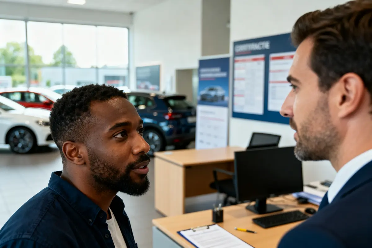 Deux hommes discutent dans une concession sur la rétractation achat voiture occasion professionnel