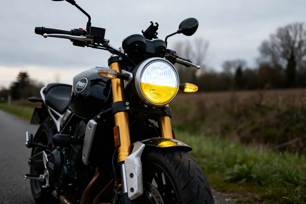 Moto sur route avec stroboscope moto légale au crépuscule, gros plan avant