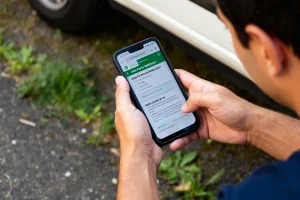 Personne utilisant un smartphone pour trouver date 1ere immatriculation sans carte grise en ligne