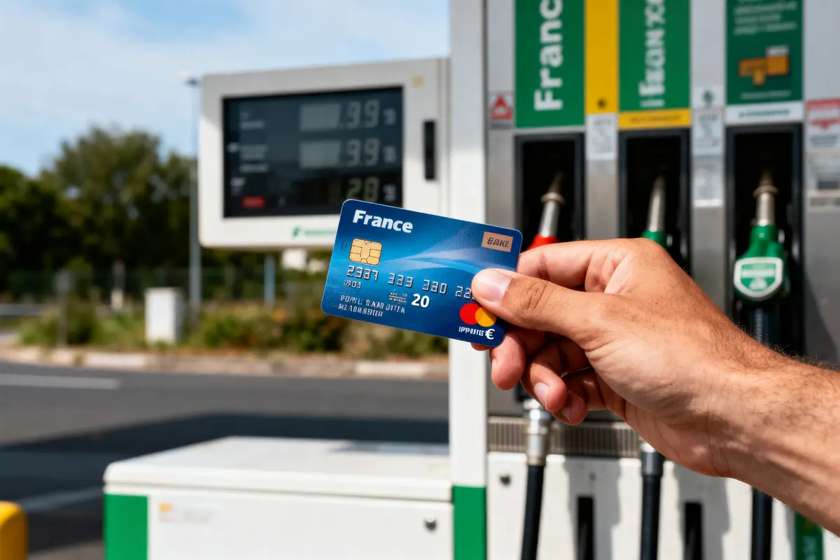 Carte bancaire tenue devant une station-service avec afficheur de prix du carburant en arrière-plan.