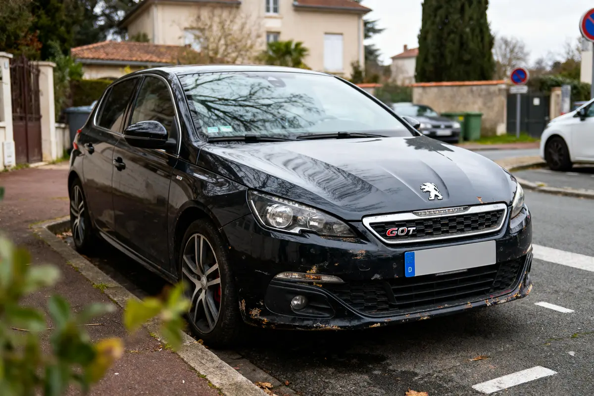 Voiture noire Peugeot GT stationnée dans la rue devant une maison, en milieu résidentiel.