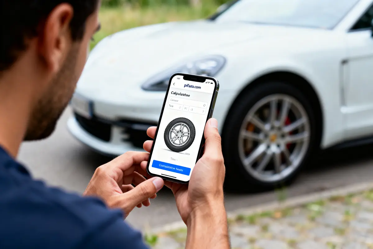 Personne utilisant une application de pneu sur smartphone devant une voiture blanche.