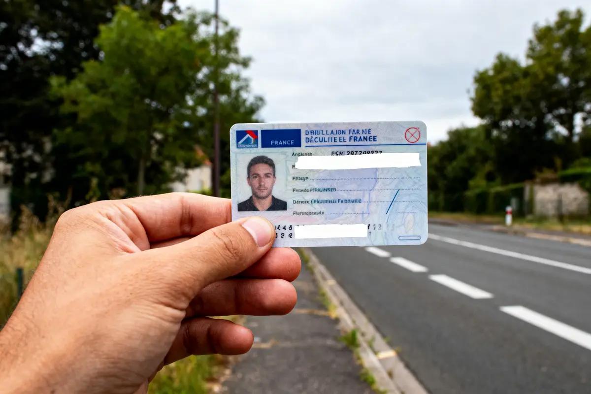 Carte d'identité française tenue en main sur fond de route et arbres.