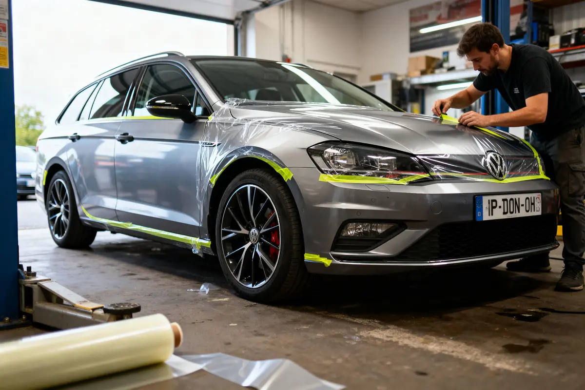 Homme appliquant un film de protection sur une voiture grise dans un atelier mécanique.