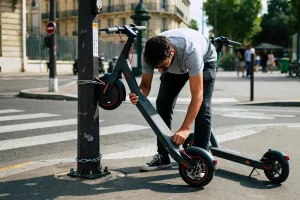 Homme attachant une trottinette électrique à un poteau sur un trottoir urbain.