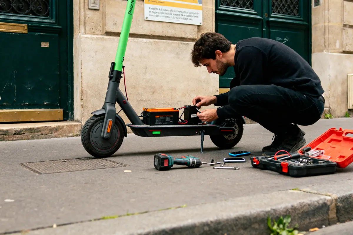 Homme réparant une trottinette électrique sur le trottoir, outils éparpillés, mallette rouge ouverte.