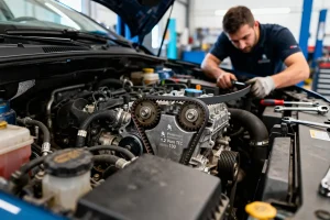 Mécanicien travaillant sur moteur de voiture, réparant courroie de distribution, dans un garage automobile professionnel.