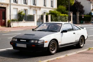Voiture Nissan blanche et noire stationnée dans une rue résidentielle, devant des bâtiments clairs.
