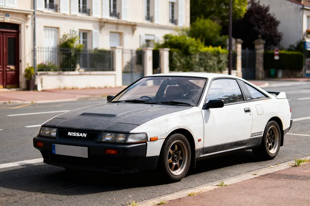 Voiture Nissan blanche et noire stationnée dans une rue résidentielle, devant des bâtiments clairs.