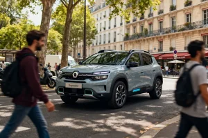 SUV gris en ville, piétons flous traversant la rue, arbres et bâtiment en arrière-plan.