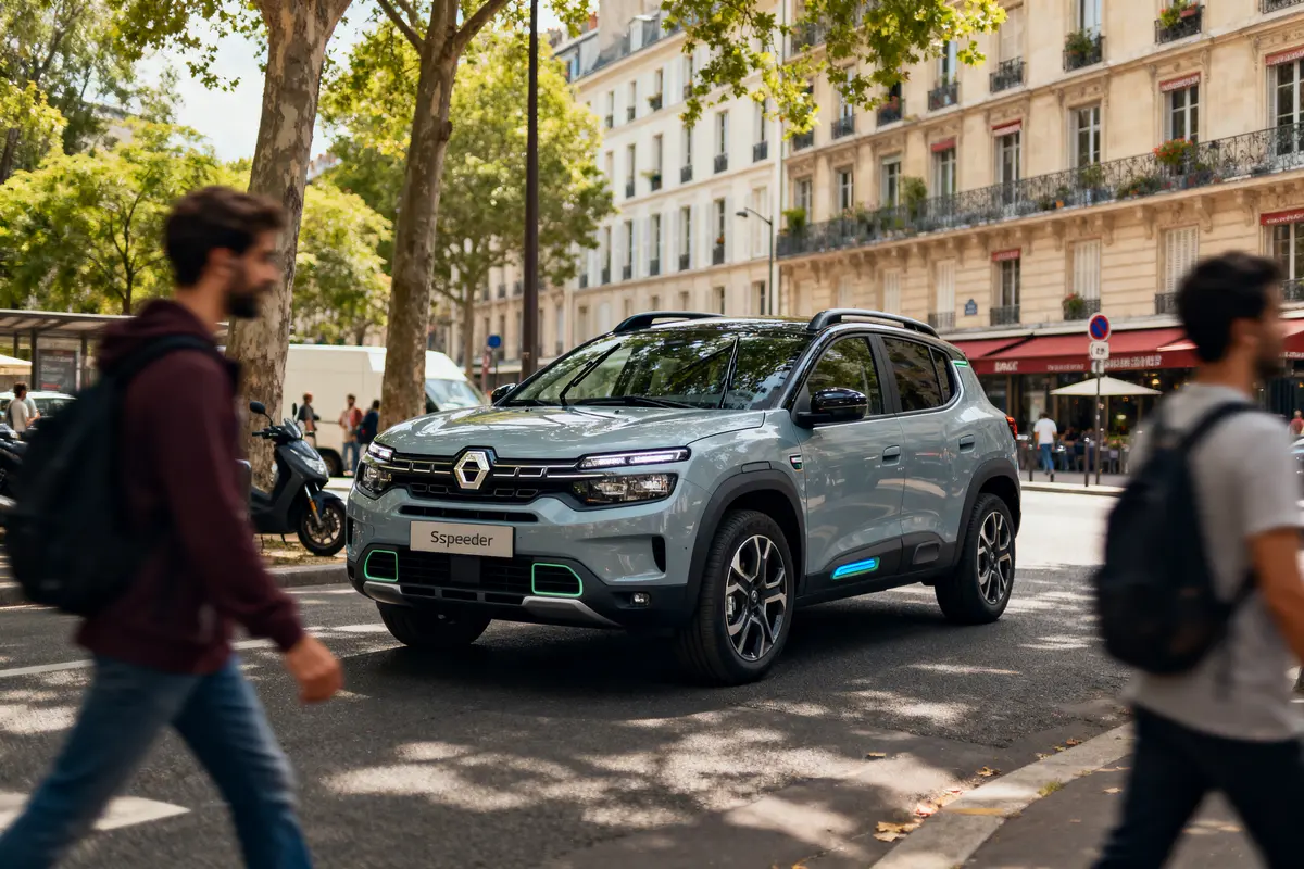SUV gris en ville, piétons flous traversant la rue, arbres et bâtiment en arrière-plan.