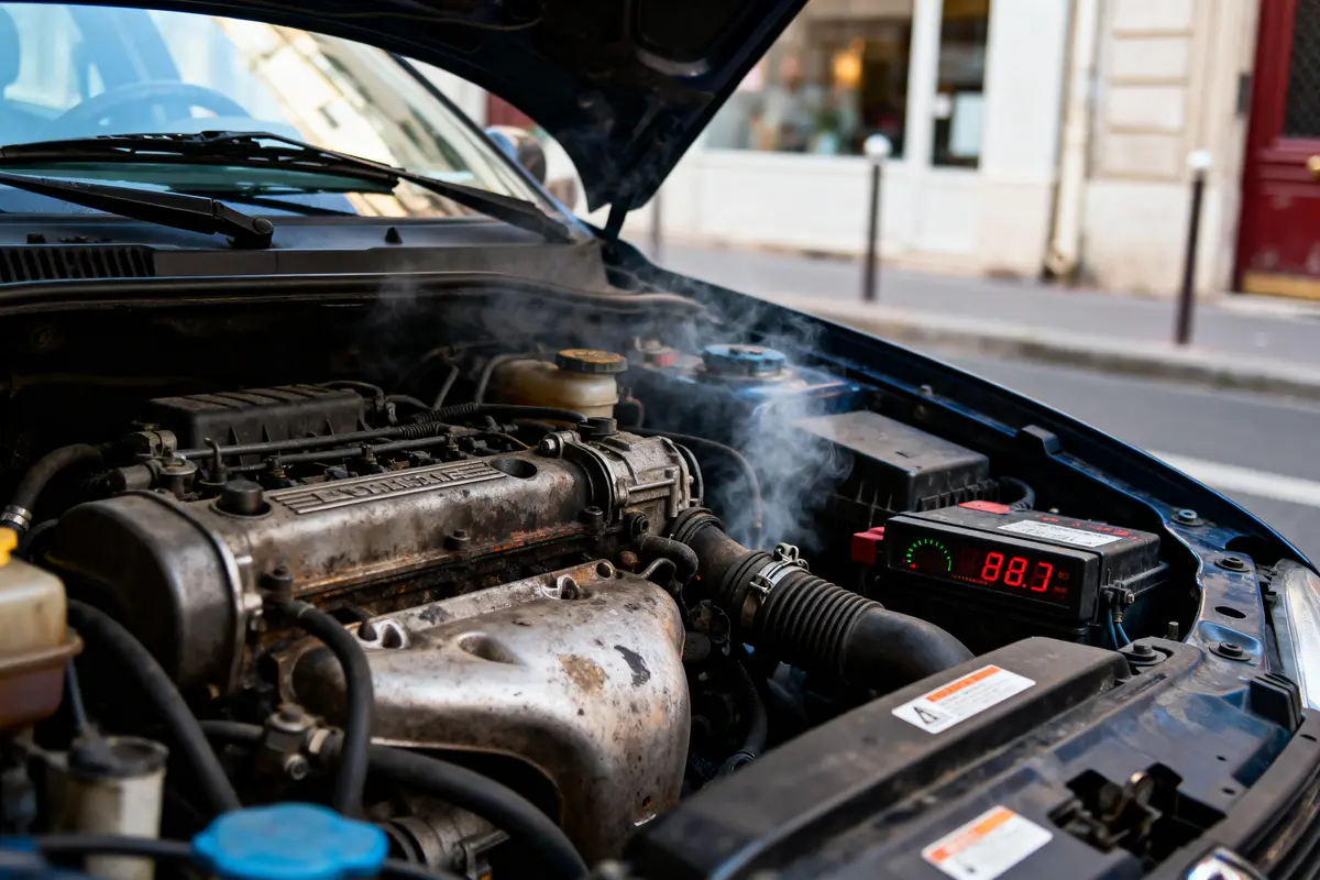 Capot levé d'une voiture, moteur fumant, compteur affichant 88.3, stationné dans la rue.