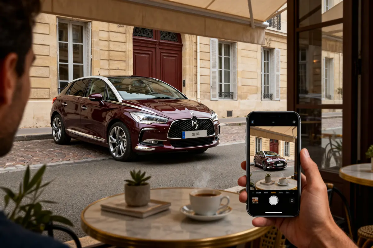 Personne prenant photo voiture DS stationnée rue, vue depuis café avec boisson chaude et plante succulente.