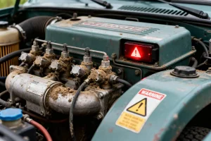 Moteur de voiture sale avec voyants d'avertissement allumés, cadrage serré, capot ouvert.