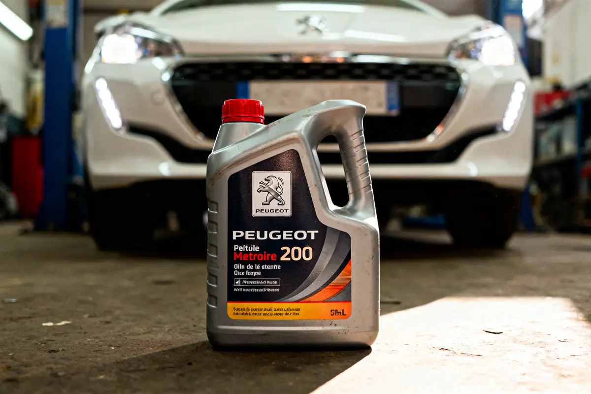 Bidon d'huile moteur Peugeot devant une voiture blanche dans un garage.