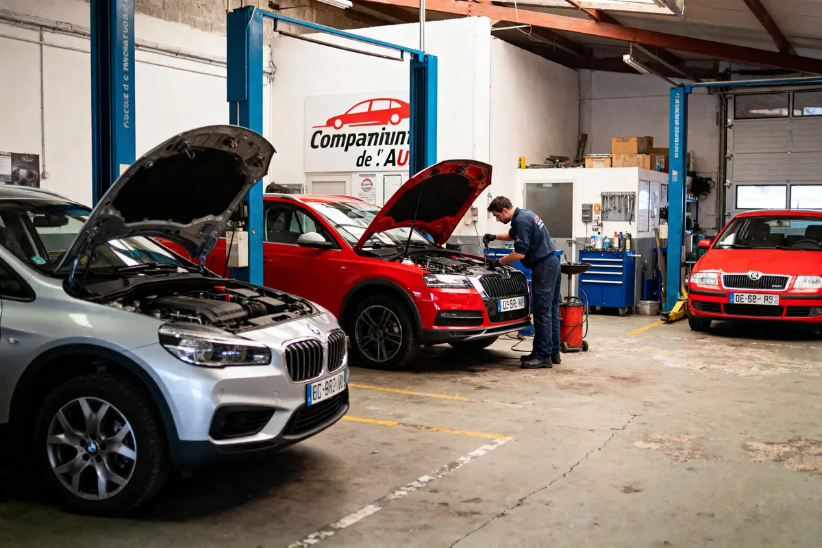Un mécanicien répare une voiture rouge dans un garage automobile moderne avec d'autres véhicules.