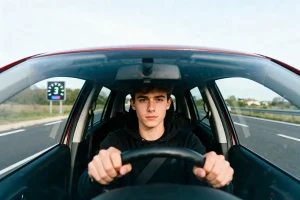 Jeune homme conduisant une voiture sur autoroute par temps clair, vue de face depuis l'intérieur.