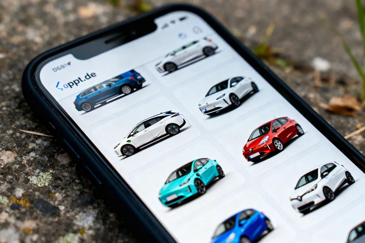 Smartphone affichant des images de voitures multicolores sur un site web dédié, posé sur un sol extérieur.