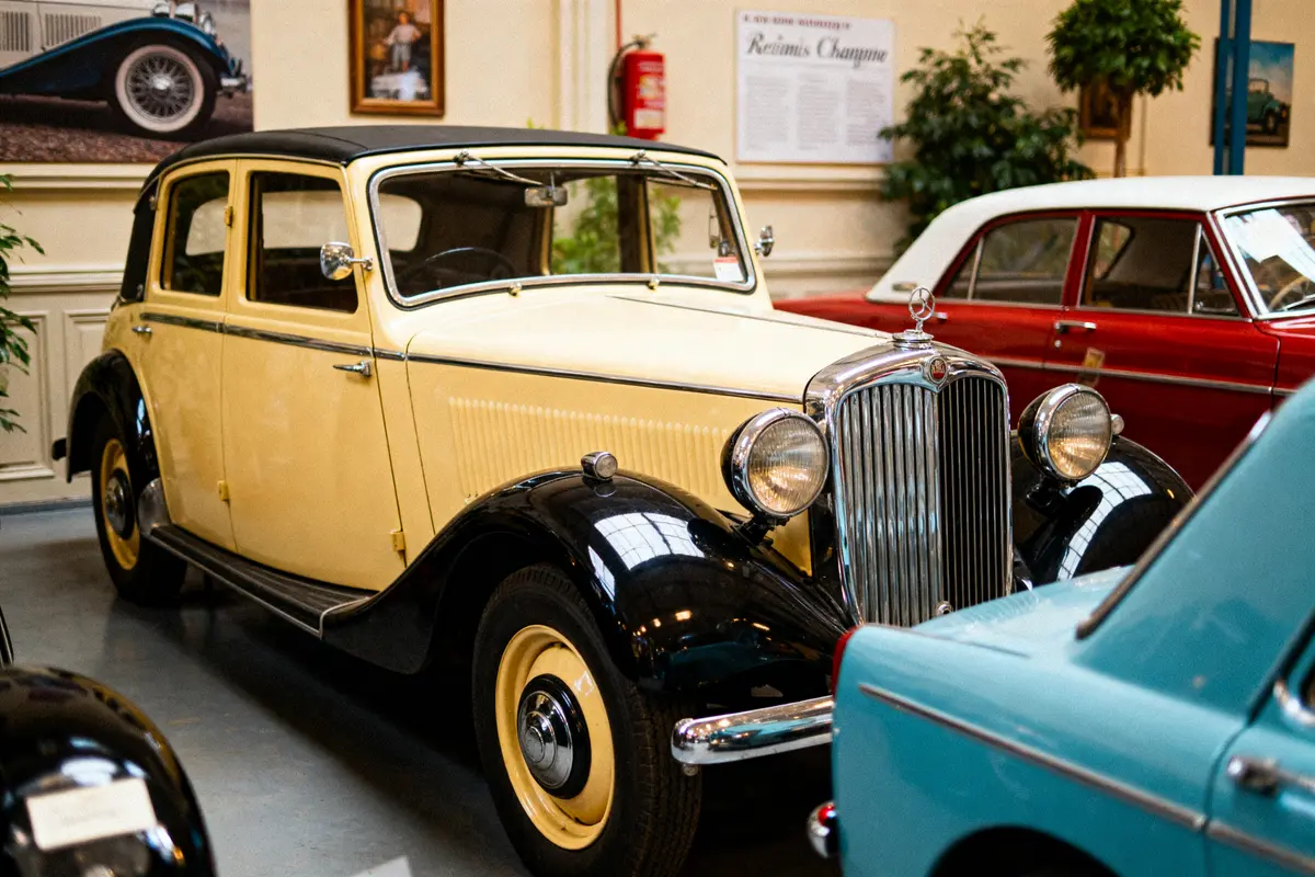 Voiture rétro bicolore, noire et beige, exposée dans un musée automobile vintage encadré par d'autres véhicules.