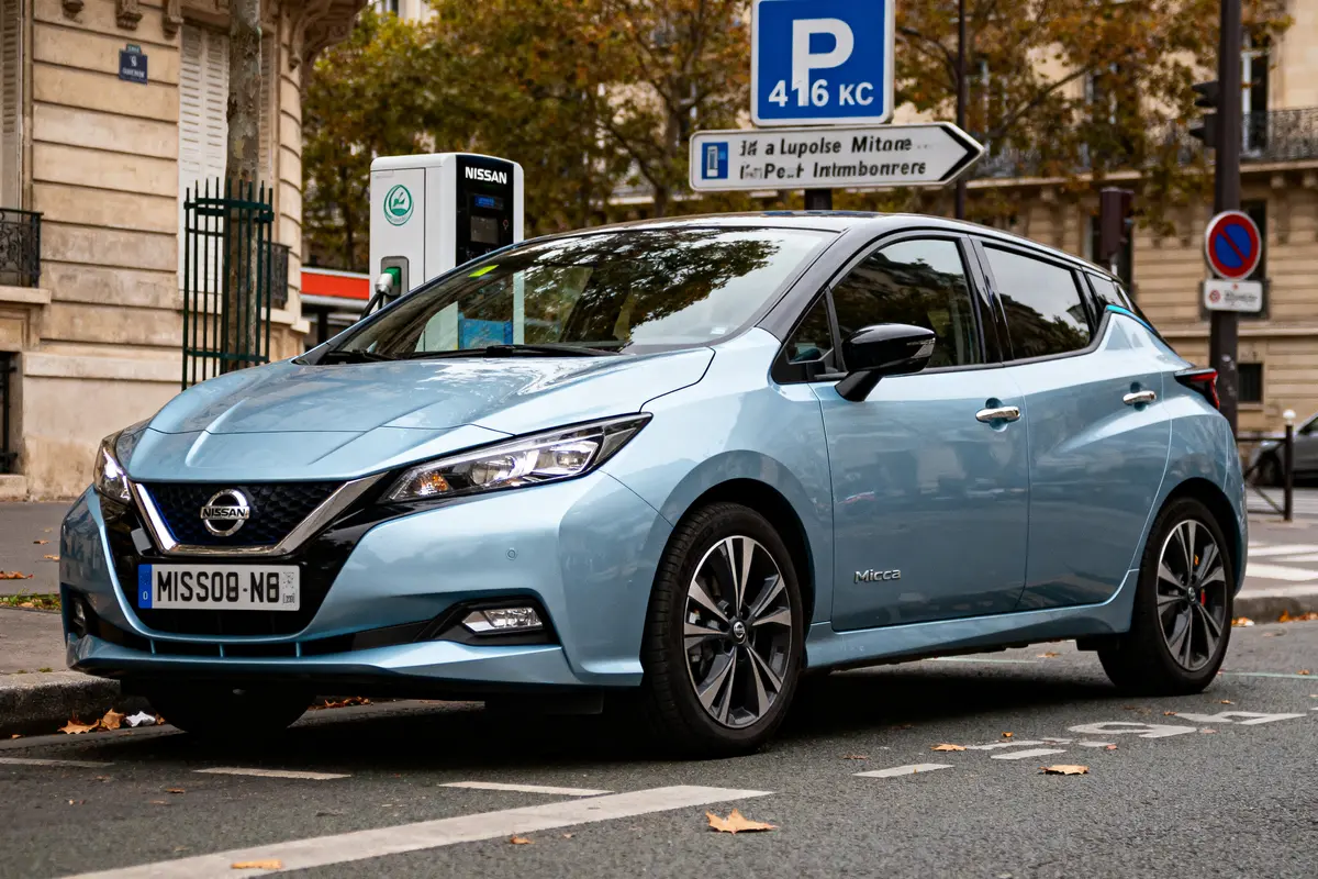 Voiture électrique Nissan Leaf bleue stationnée près d'une borne de recharge urbaine.