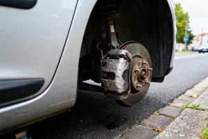 Roue de voiture sans pneu, montrant frein à disque sur route urbaine.