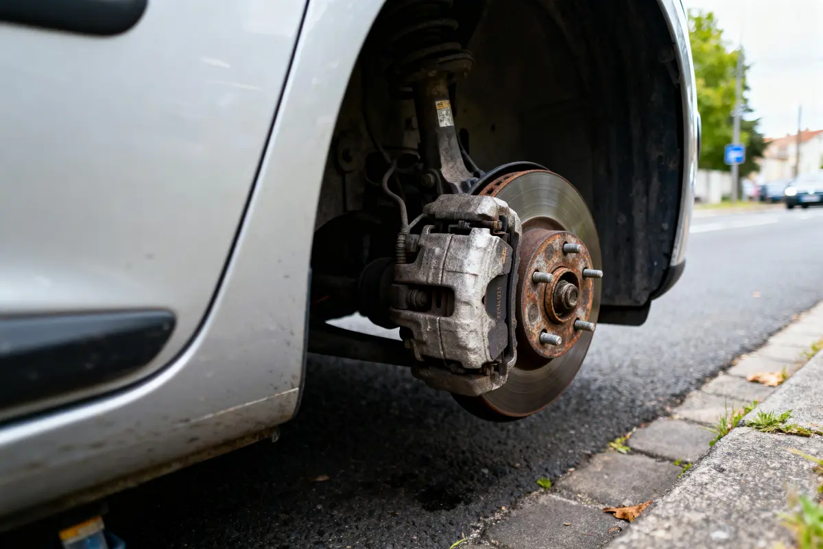 Roue de voiture sans pneu, montrant frein à disque sur route urbaine.