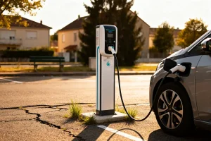 Voiture électrique en charge à une borne dans un parking résidentiel ensoleillé.