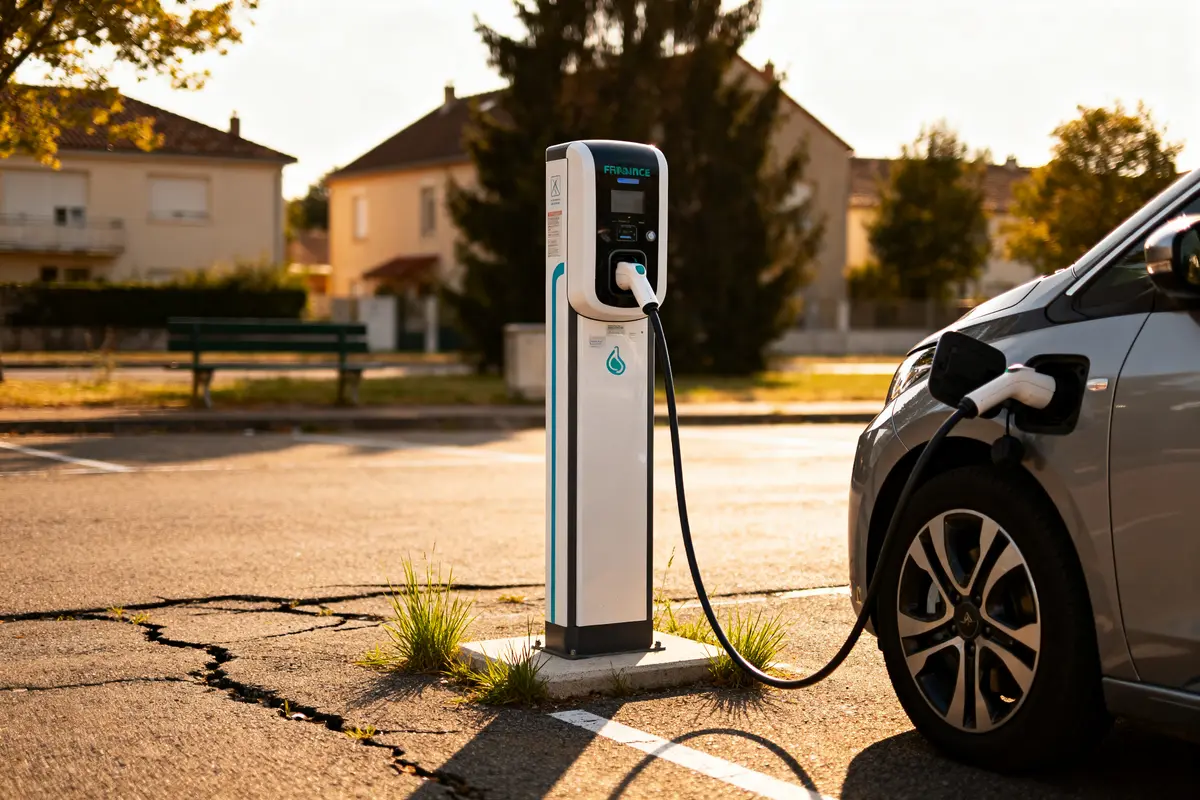 Voiture électrique en charge à une borne dans un parking résidentiel ensoleillé.