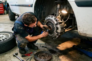 Mécanicien réparant l'embrayage d'une voiture, outils au sol, dans un garage éclairé.