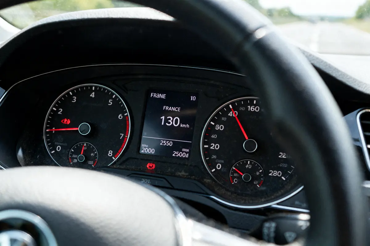 Tableau de bord d'une voiture, vitesse affichée 130 km/h, compte-tours, et symbole d'avertissement allumé.