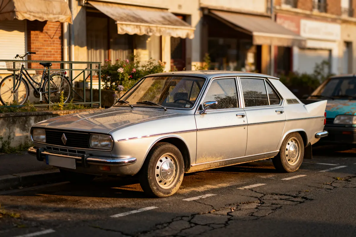 Voiture vintage Renault grise, stationnée dans une rue ensoleillée, avec un vélo en arrière-plan.