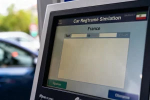 Écran d'inscription de véhicule affichant "Car Regtramé Simlation" avec des champs de texte en blanc.