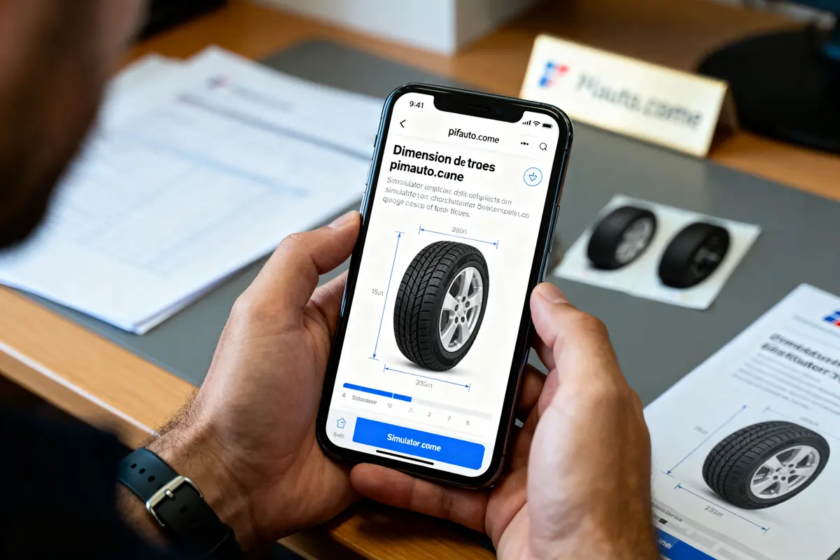 Personne utilisant une application mobile pour vérifier les dimensions d'un pneu sur un smartphone.