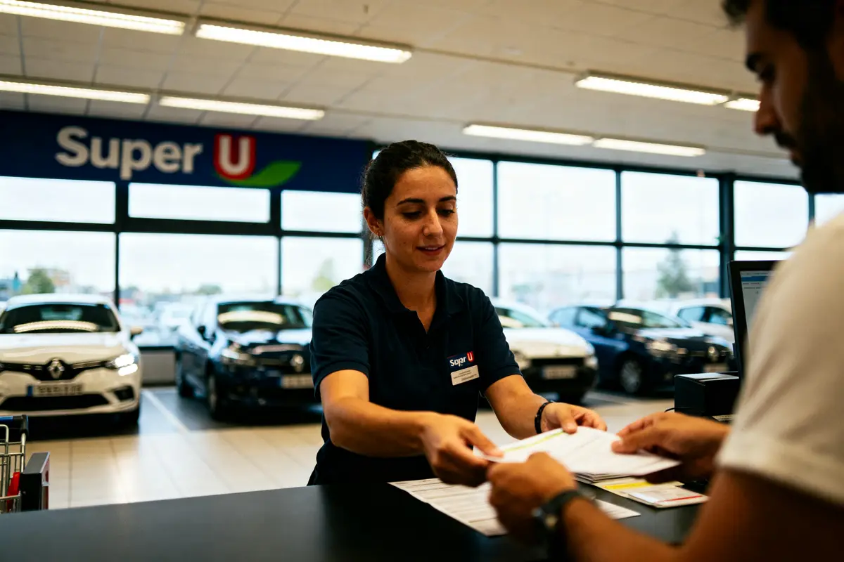 Deux personnes échangent des documents au comptoir d'un magasin Super U, voitures en arrière-plan.