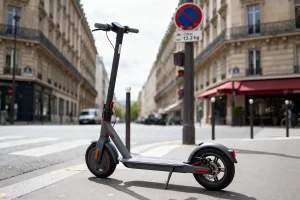 Trottinette électrique grise stationnée sur un trottoir urbain, bâtiment haussmannien en arrière-plan.
