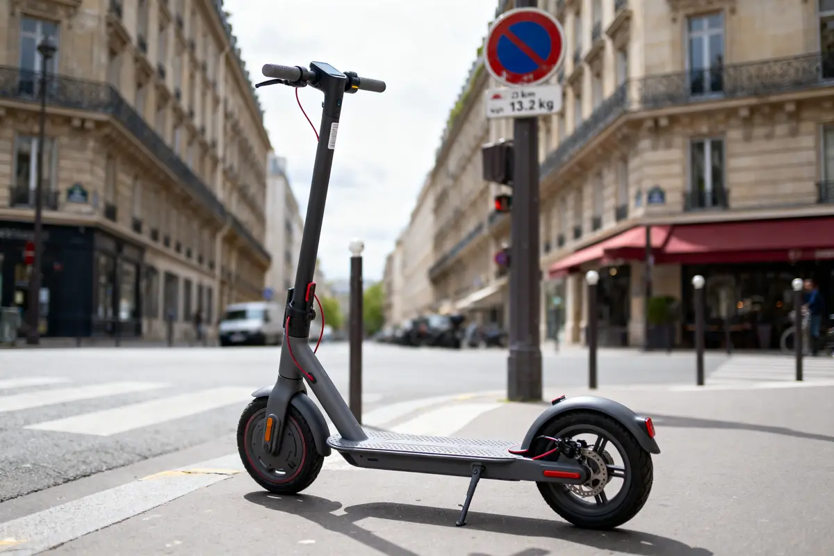 Trottinette électrique grise stationnée sur un trottoir urbain, bâtiment haussmannien en arrière-plan.