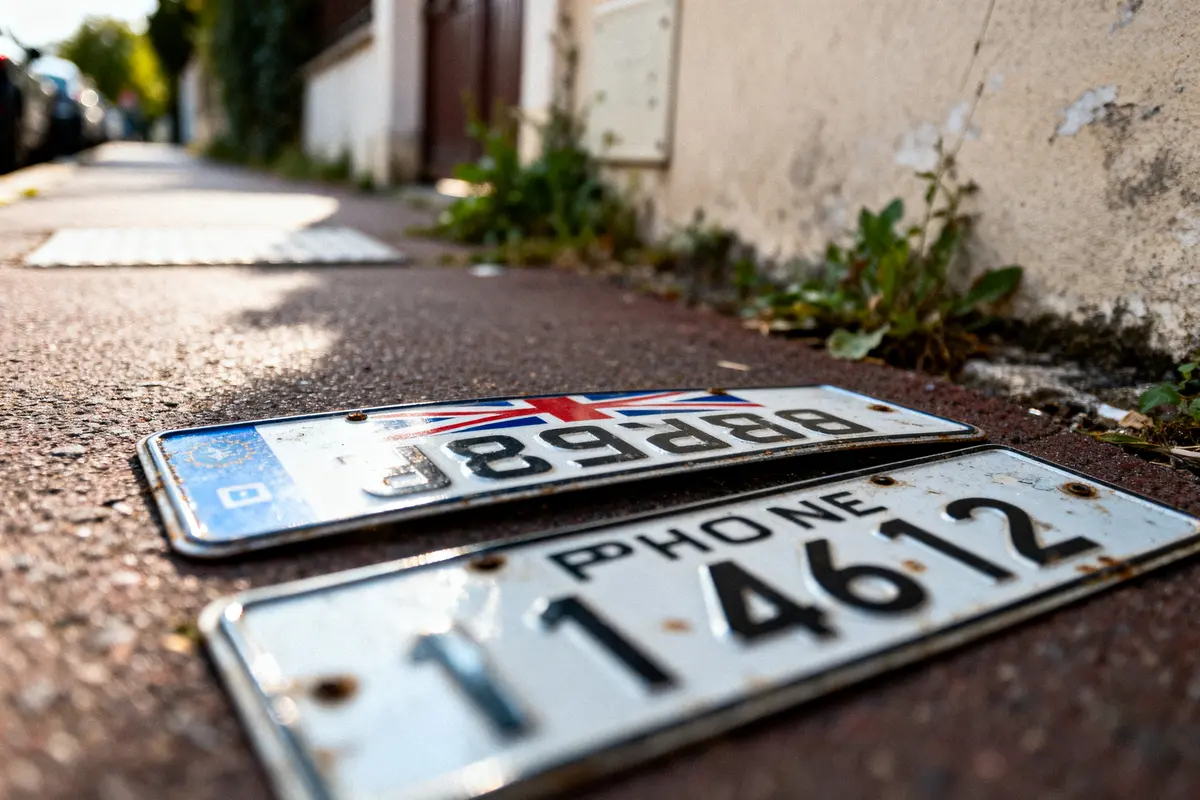 Deux plaques d'immatriculation au sol, l'une avec drapeau britannique, sur un trottoir urbain.