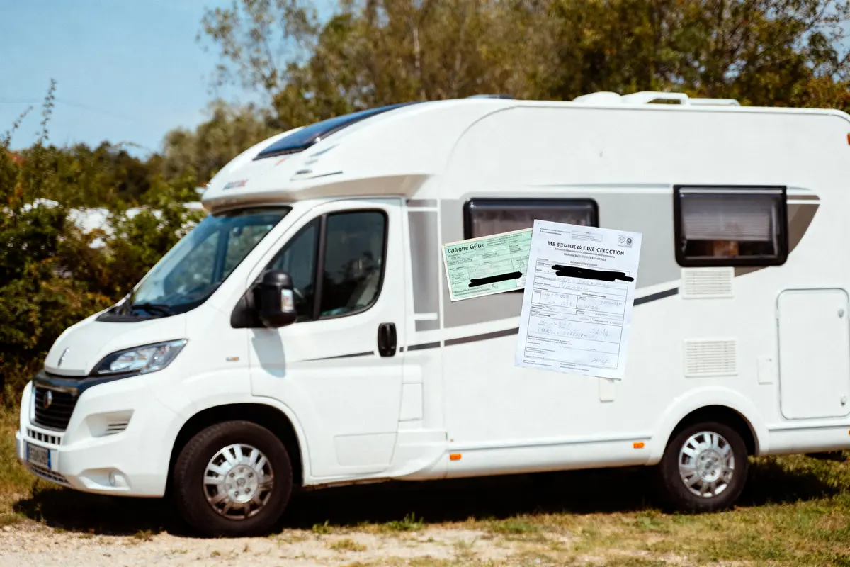 Camping-car blanc garé, avec documents administratifs flottant devant. Arrière-plan d'arbres et ciel dégagé.