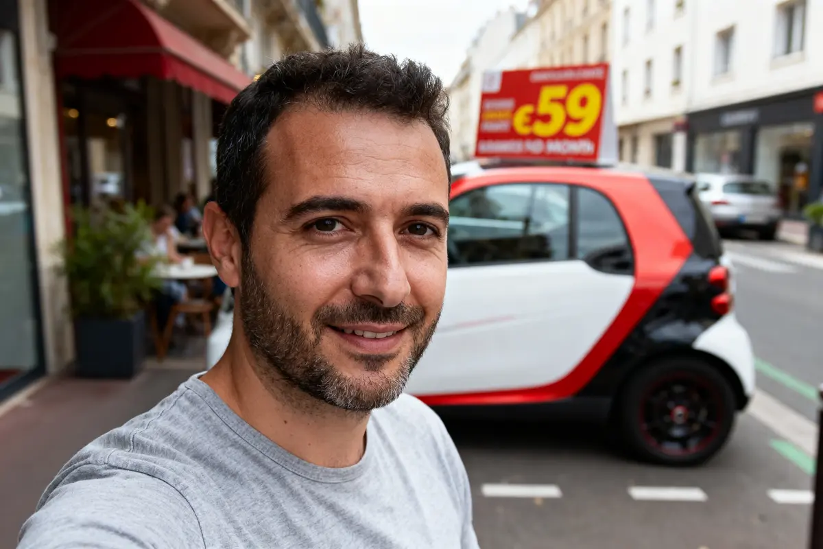 Homme souriant prenant un selfie devant une voiture rouge et noire, panneau de prix visible en arrière-plan.