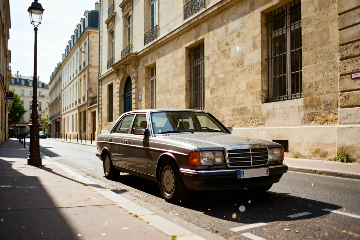 Voiture ancienne Mercedes-Benz garée sur une rue parisienne, bâtiments historiques en arrière-plan, lampe en fer forgé.
