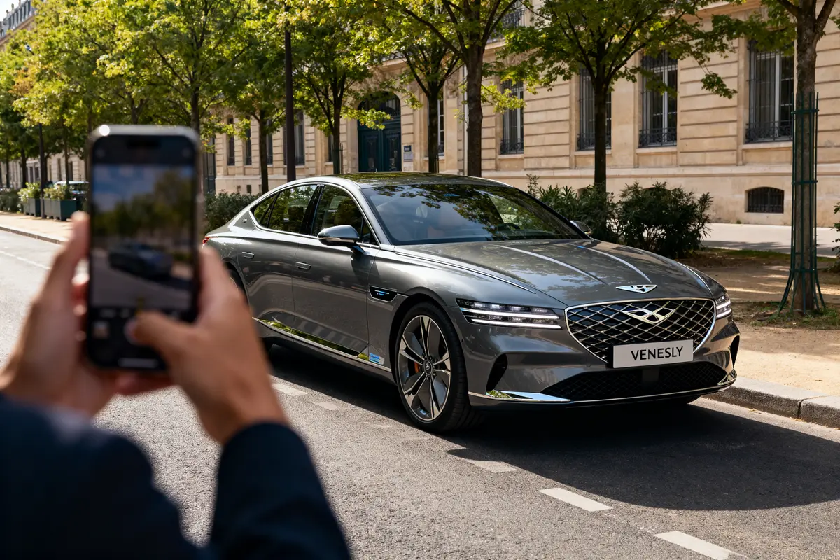 Voiture grise stationnée sur rue arborée, main tenant smartphone en premier plan.