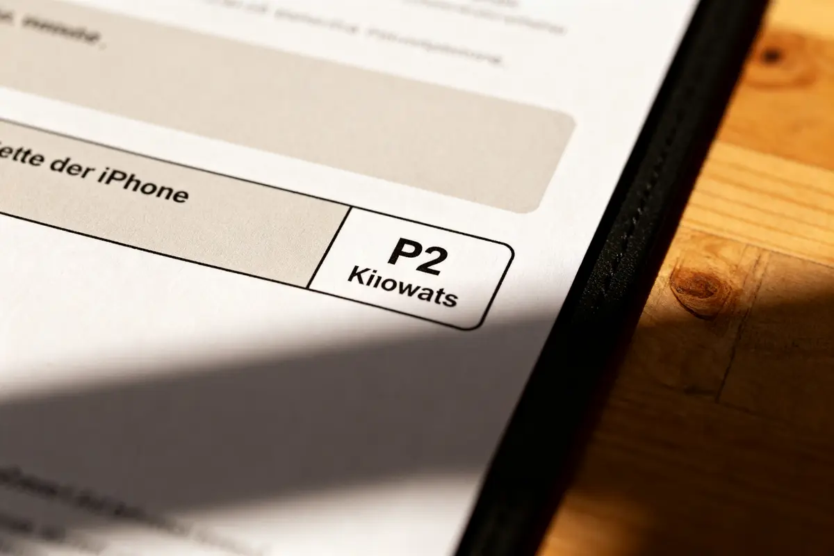 Document administratif avec mention de la puissance en kilowatts, section P2 sur carte grise