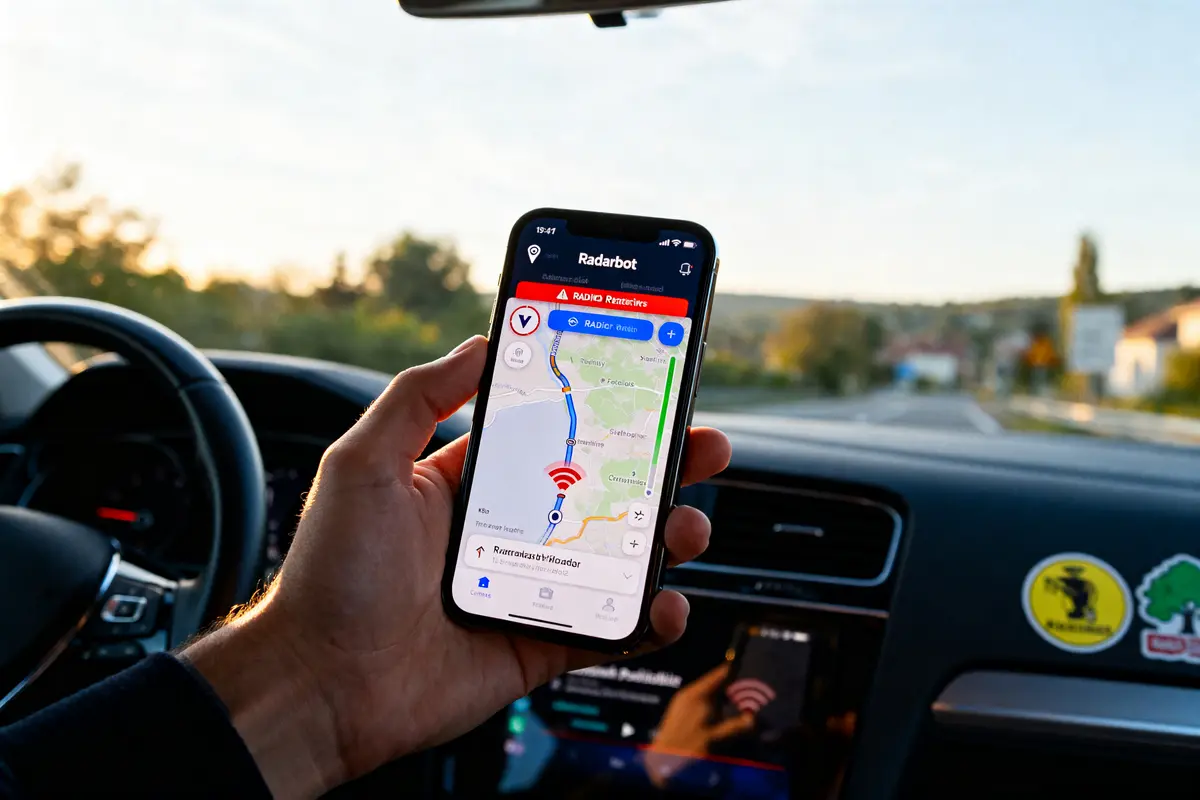 Main tenant un smartphone avec application Radarbot affichant une carte routière en voiture.