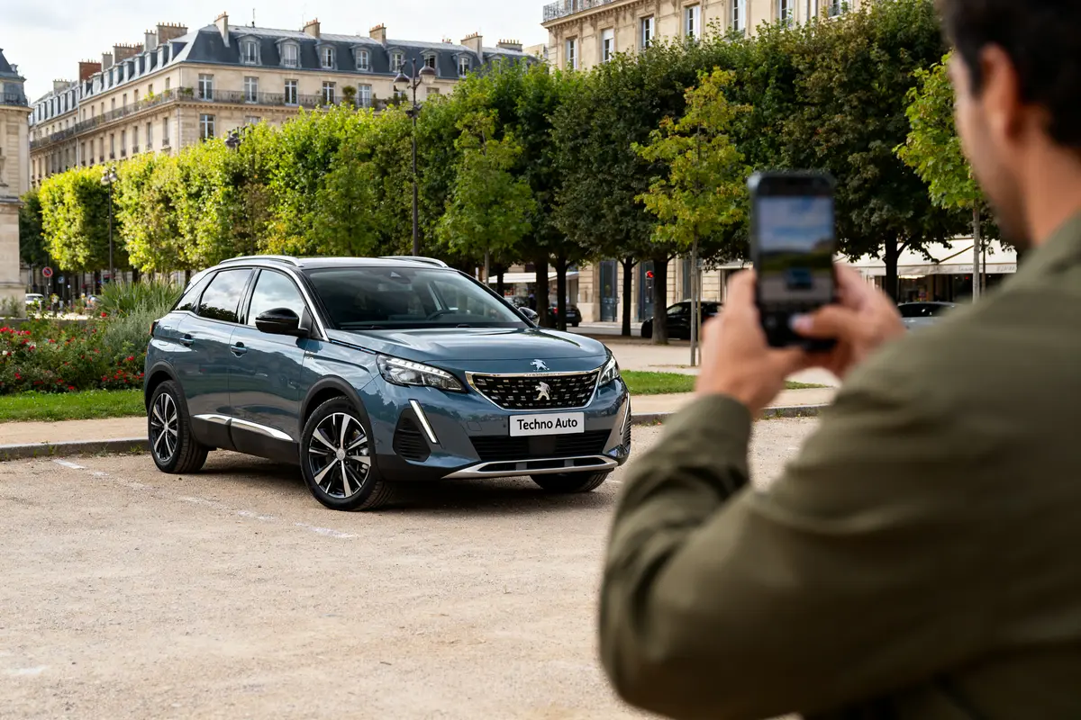 Voiture moderne Techno Car prise en photo sur une place urbaine avec des arbres.